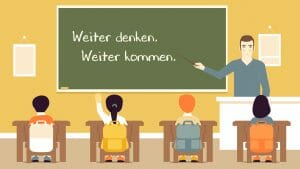 Bild aus dem Animationsvideo zu den Gesundheitszielen, auf dem eine Unterrichtssituation dargestellt ist. Der Lehrer deutet auf die Tafel, auf der der Slogan der Gesundheitsziele Österreich geschrieben steht: Weiter denken. Weiter kommen.