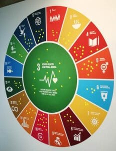 Foto vom 67. WHO-Regionalkomitee für Europe im September 2018: SDG3 ist eingebettet in allen anderen SDGs. Die TeilnehmerInnen wurden eingeladen überall dort Punkte zu setzen, wo sie Beiträge leisten. / © Anna Fox